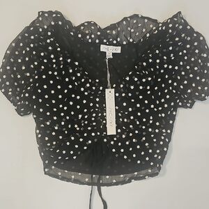 She + Sky Black and White Ruched Puff Sleeve Crop Top